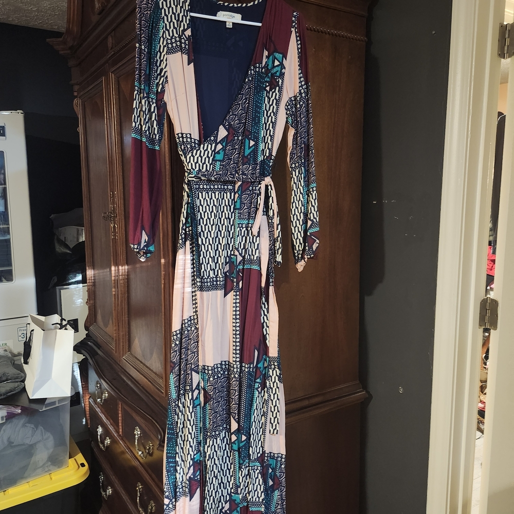 Elegant Multicolor Patchwork Long Sleeve Dress
